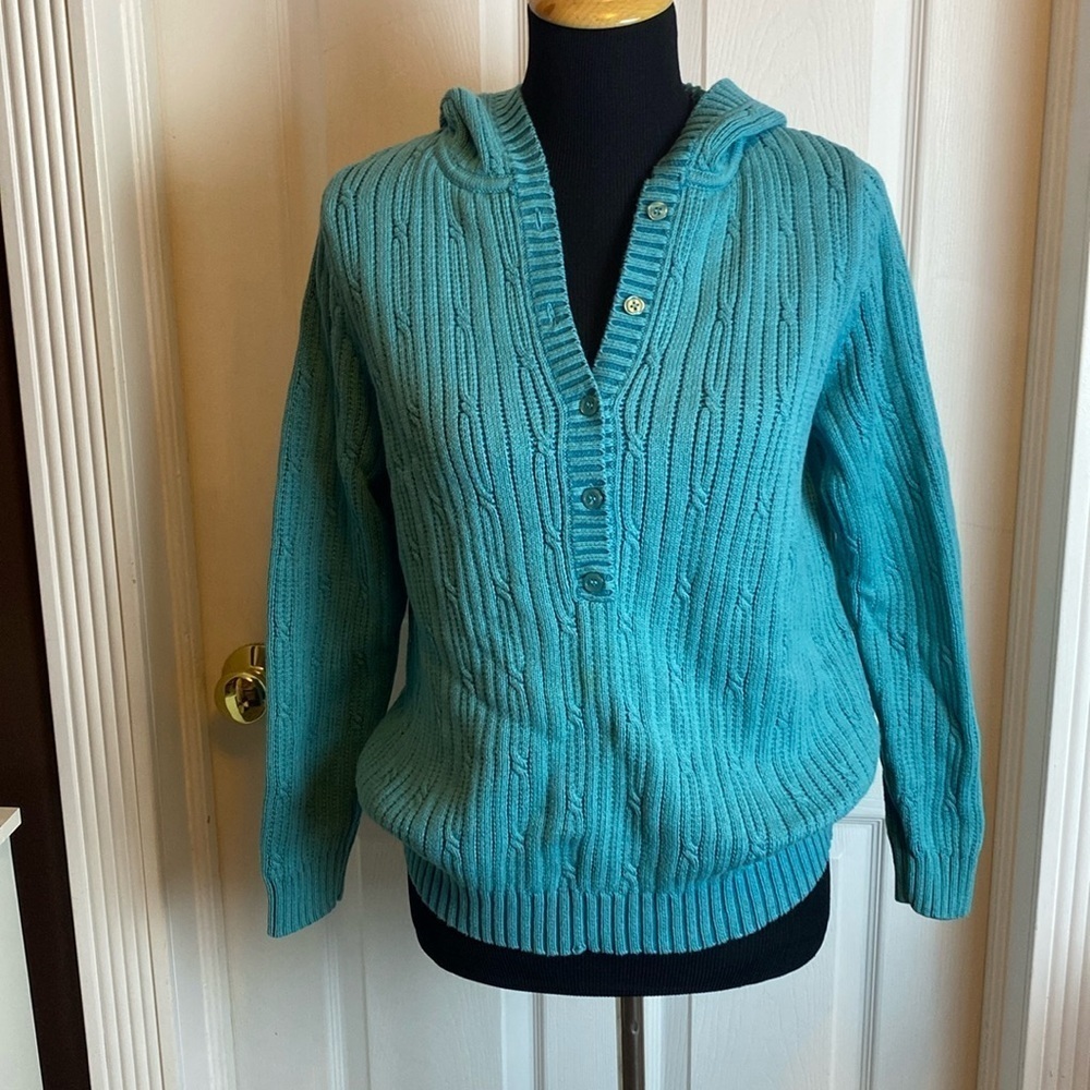 Karen Scott Sport 100% Cotton Teal Blue Sweater Button V-Neck Hood Sz M Vintage